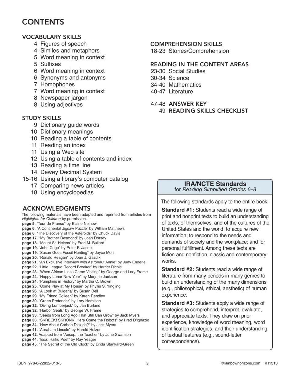 Contents for the reading book, listing skill sections, answer key, reading skills checklist, and standards