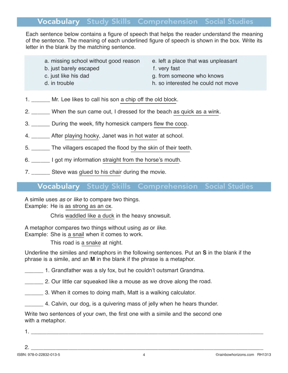 Vocabulary practice matching figures of speech to meanings, identifying similes and metaphors, and writing examples