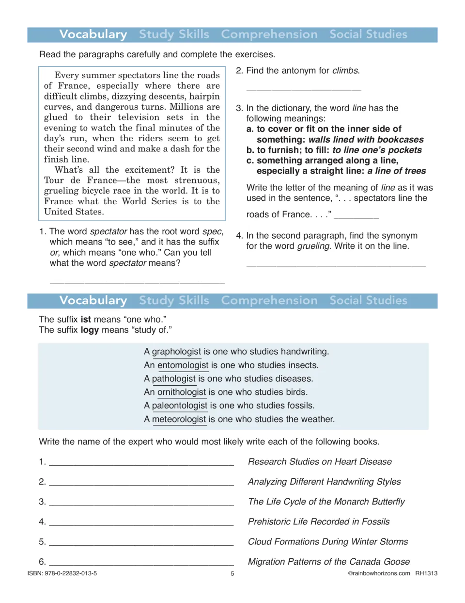 Vocabulary exercises use a Tour de France passage for word meanings and suffixes to identify six experts