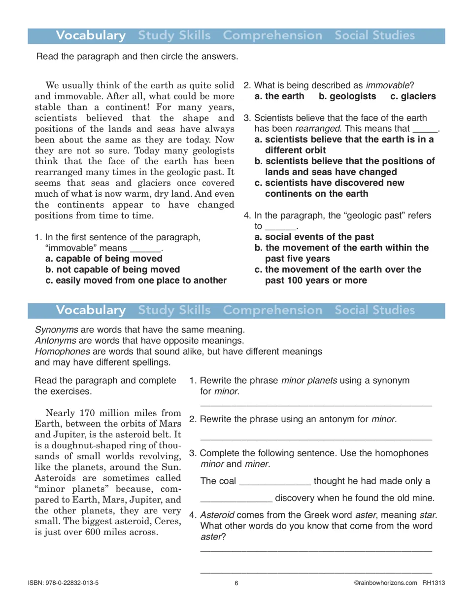 Vocabulary practice uses passages about shifting continents and asteroids for context clues and word relationships