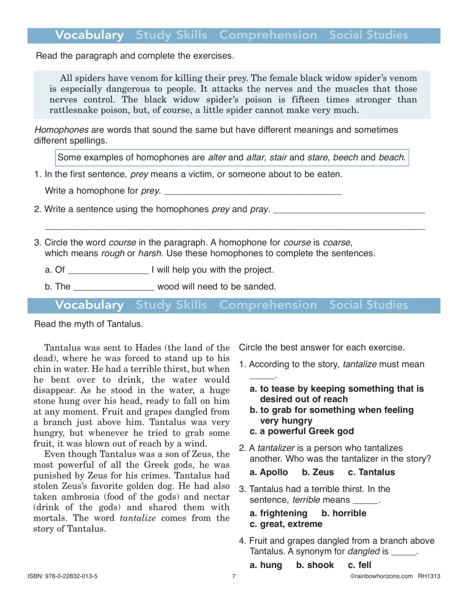 Vocabulary exercises pair a spider passage with homophone practice and the myth of Tantalus with word meanings