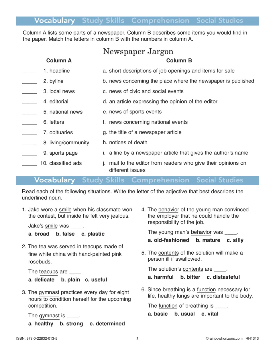 Vocabulary practice matches ten newspaper terms to meanings and selects adjectives for six short situations