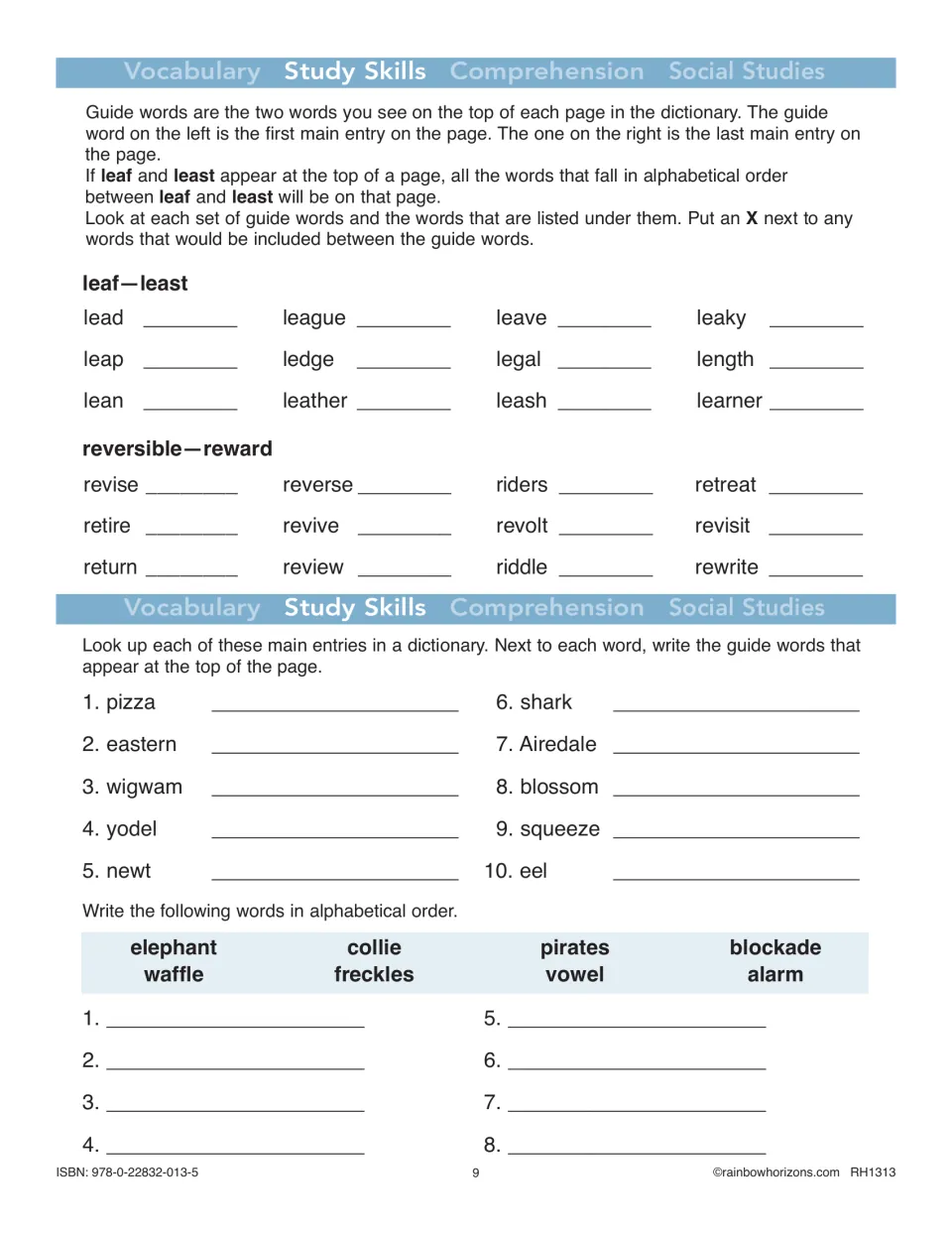 Study skills practice covers dictionary guide words, looking up ten entries, and alphabetizing eight words