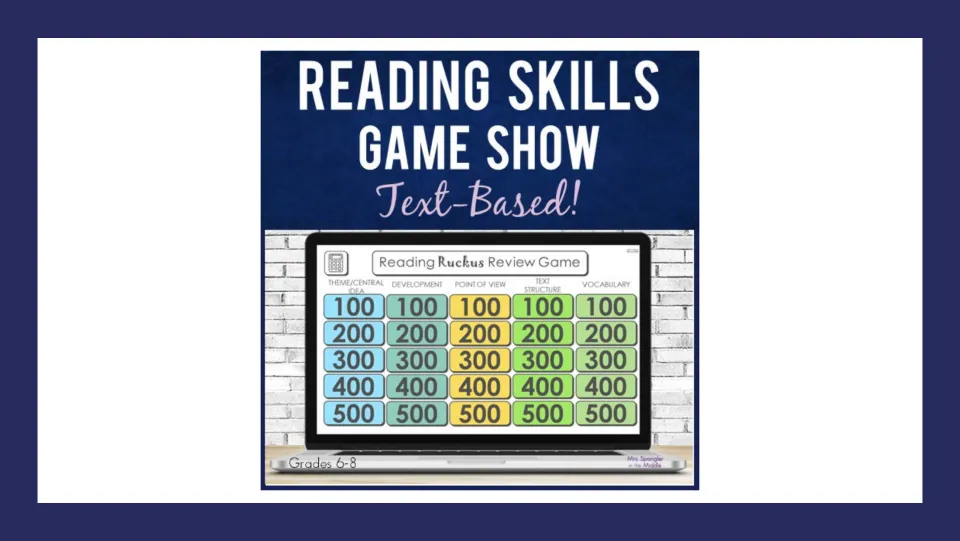 Reading Skills Game Show cover: text-based Jeopardy board with theme, point of view, text structure and vocabulary