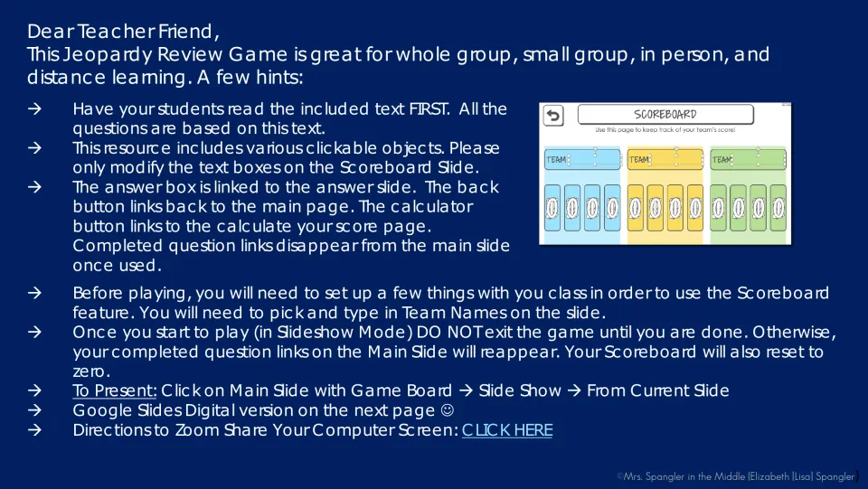 Teacher hints for the Jeopardy review: students read the text first, then teams track points on a scoreboard slide