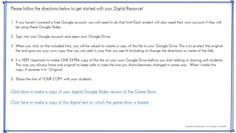 Google Slides setup directions: five steps to copy the game and its reading text to Drive and share with students