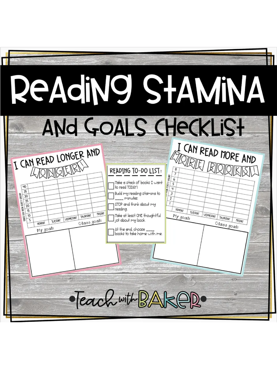 Reading Stamina cover showing examples of the minutes tracker, books tracker, and reading to-do checklist