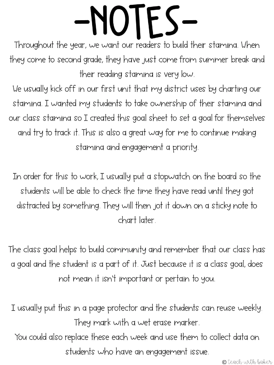 Teacher notes explain timing independent reading, tracking personal and class goals, and reusing sheets