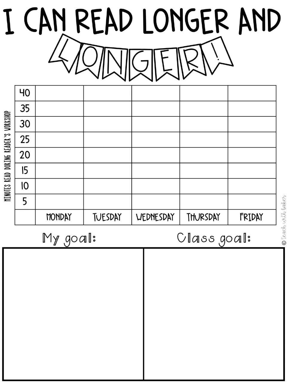 Weekly reading tracker measures 5–40 minutes in five-minute steps, with personal and class reading goals