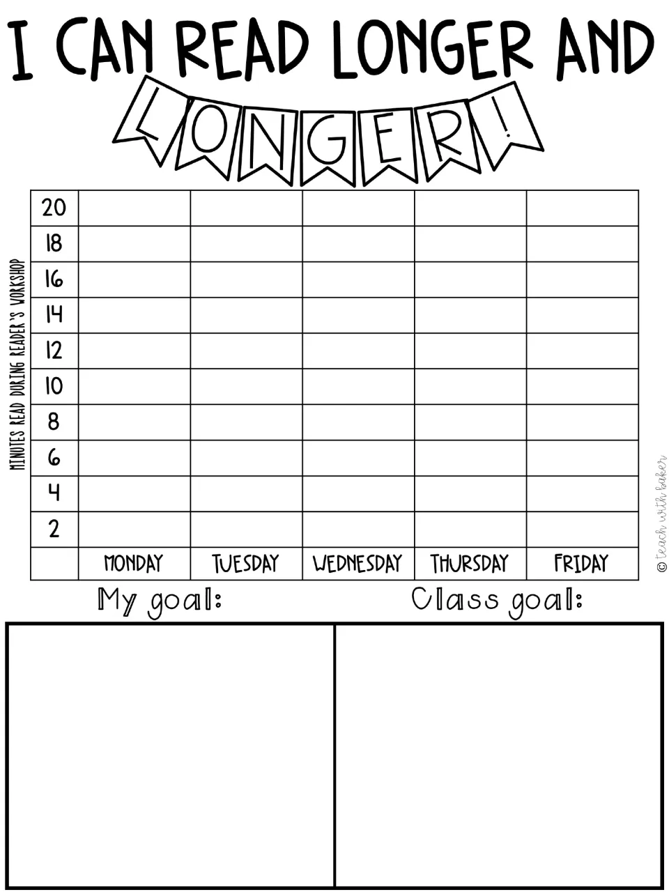 Weekly reading tracker measures 2–20 minutes in two-minute steps, with personal and class reading goals