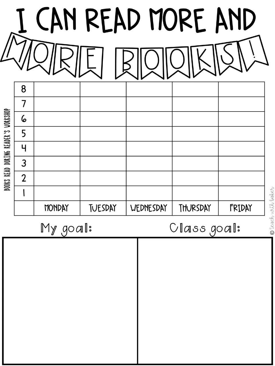 Weekly book-count tracker records 1–8 books read Monday through Friday, with personal and class goals