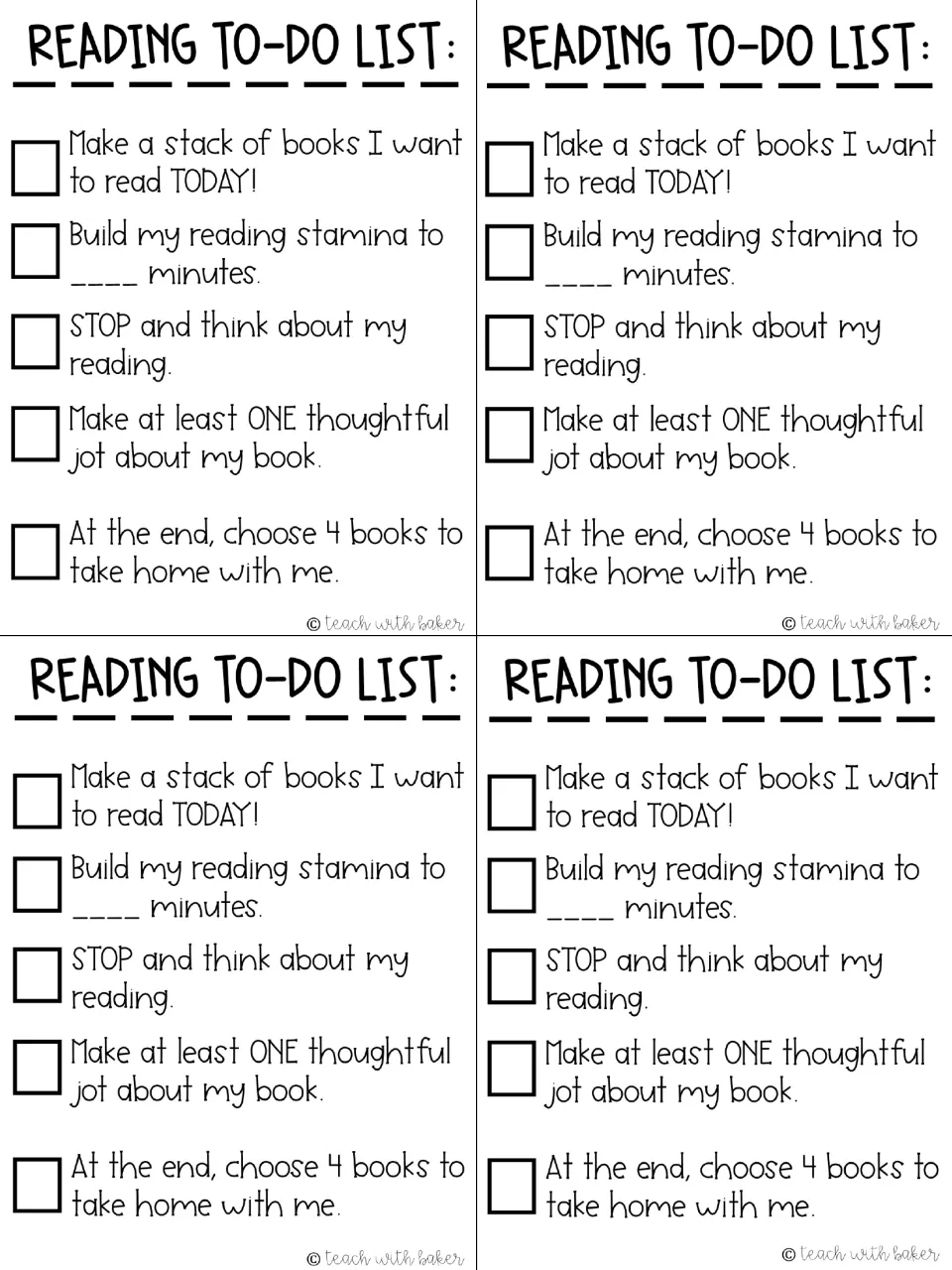 Four reading checklist copies include a goal in minutes, a thoughtful jot, and four books to take home
