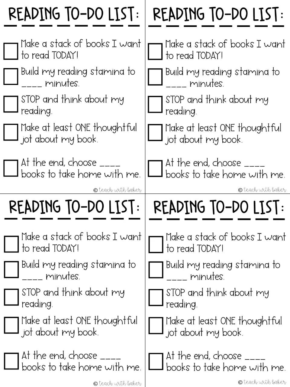Four reading checklist copies include a goal in minutes, a thoughtful jot, and a blank take-home book count