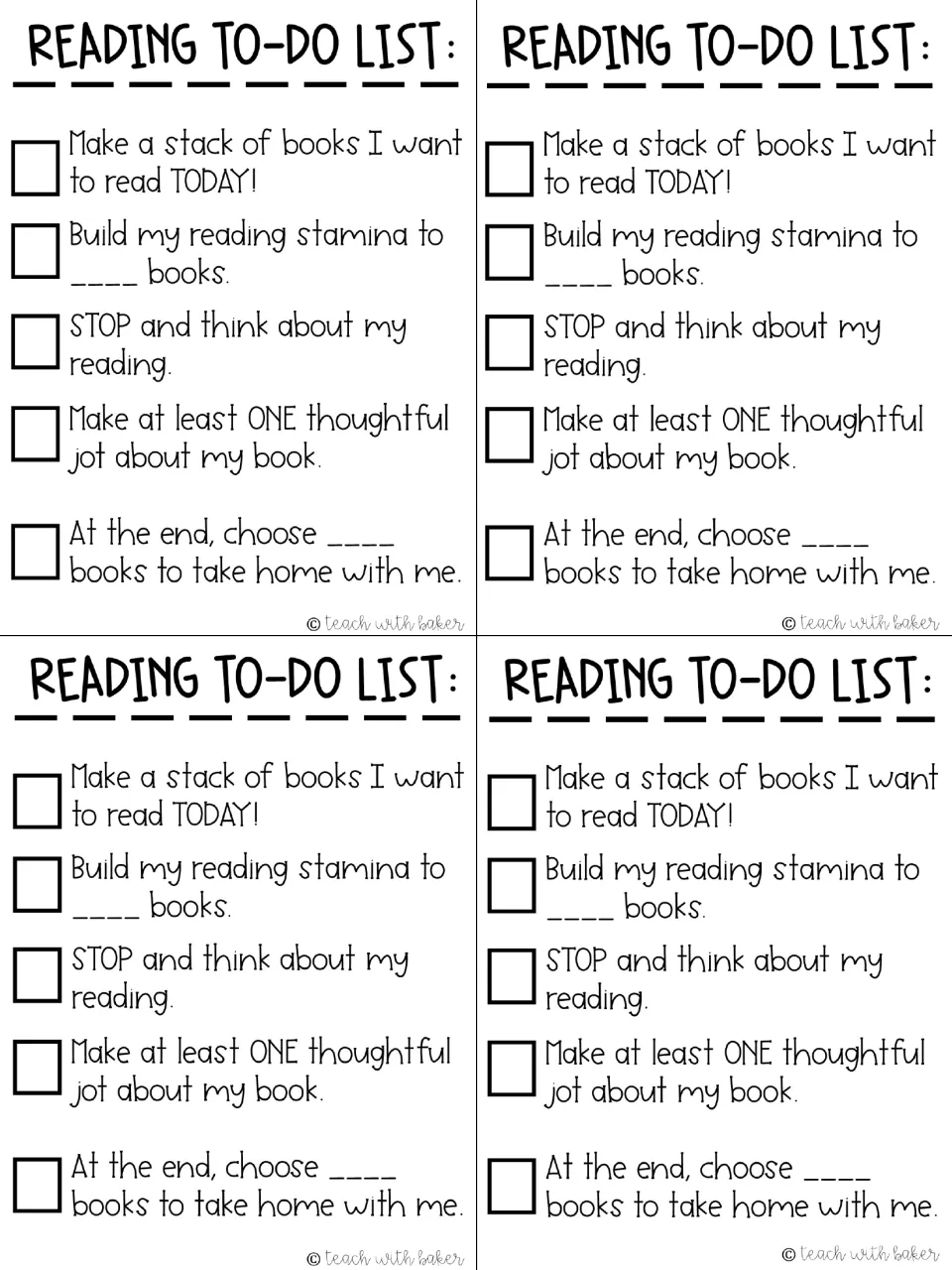 Four reading checklist copies include a goal in books, a thoughtful jot, and a blank take-home book count
