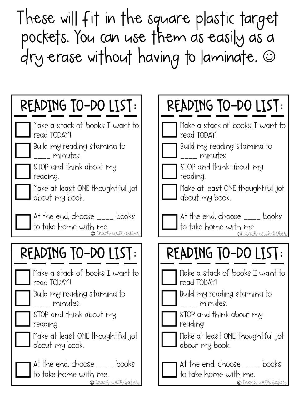 Four pocket-size reading checklists include a minutes goal, a thoughtful jot, and a take-home book count