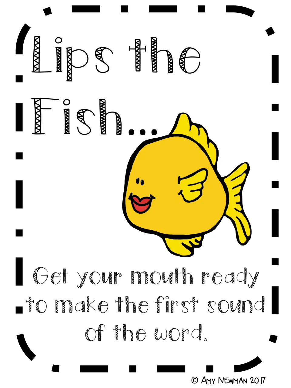 Lips the Fish decoding strategy poster: get your mouth ready to make the first sound of the word, with a red-lipped fish
