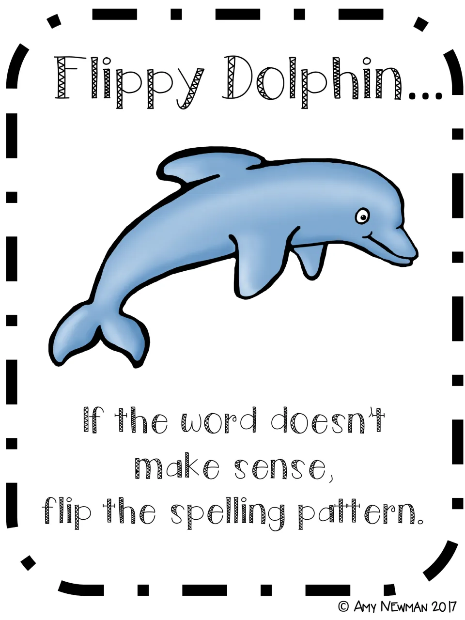 Flippy Dolphin decoding poster: if the word doesn't make sense, flip the spelling pattern; shows a leaping blue dolphin