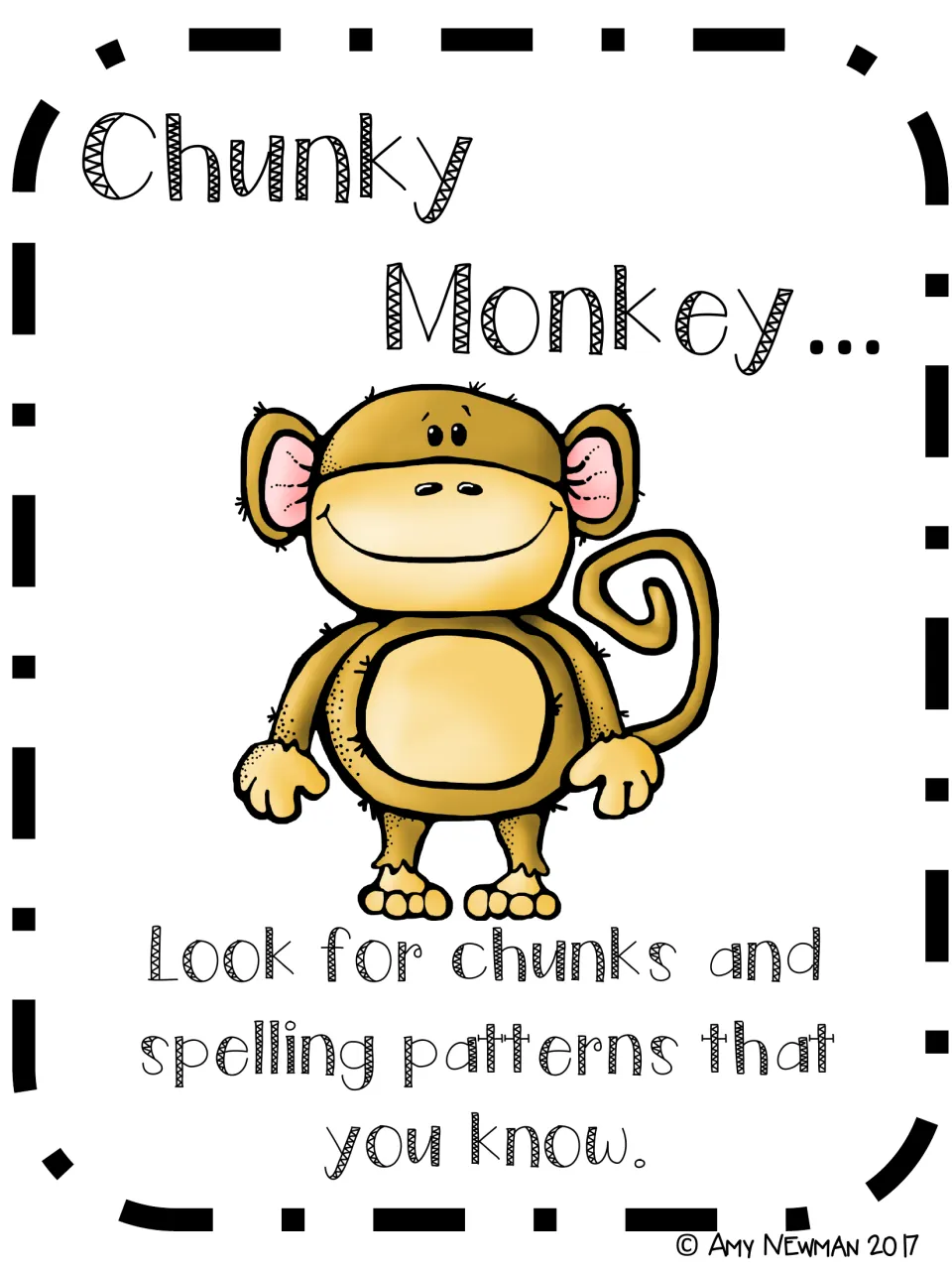 Chunky Monkey word-attack poster: look for chunks and spelling patterns that you know, with a smiling cartoon monkey