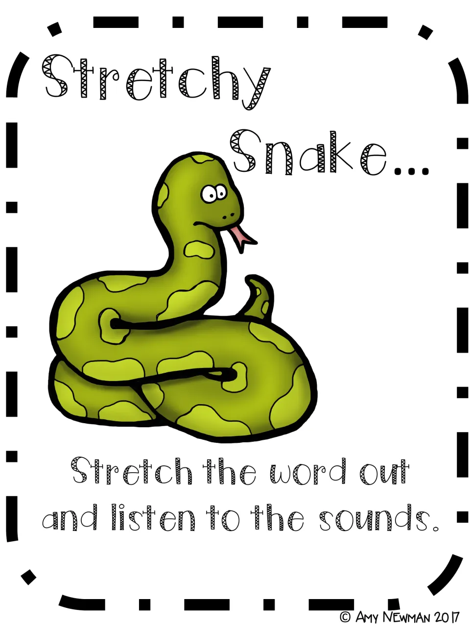 Stretchy Snake sounding-out poster: stretch the word out and listen to the sounds, shown with a coiled green snake