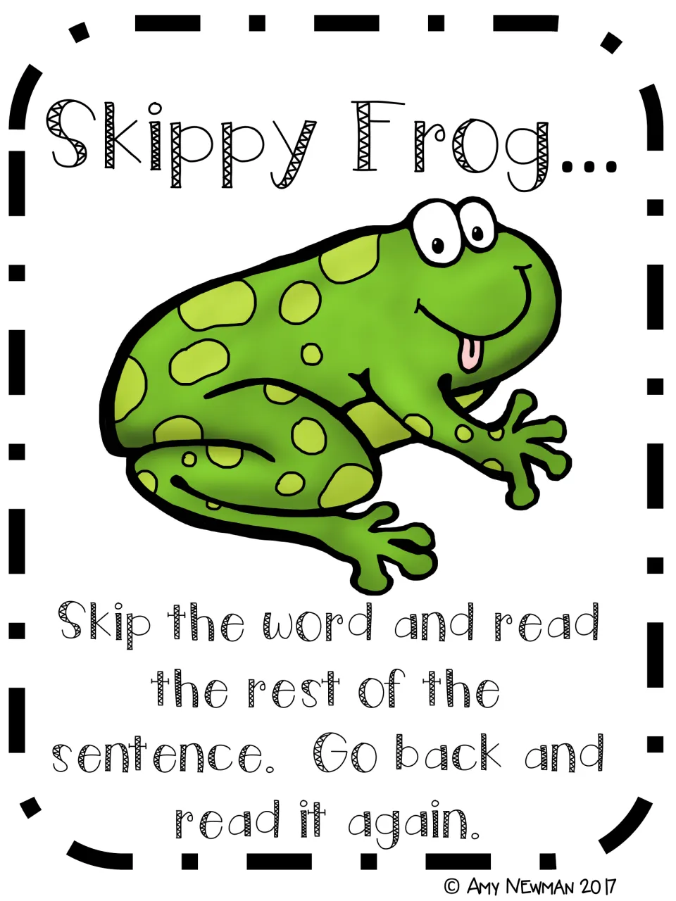 Skippy Frog context-clue strategy poster: skip the word, read the rest of the sentence, then go back and read it again