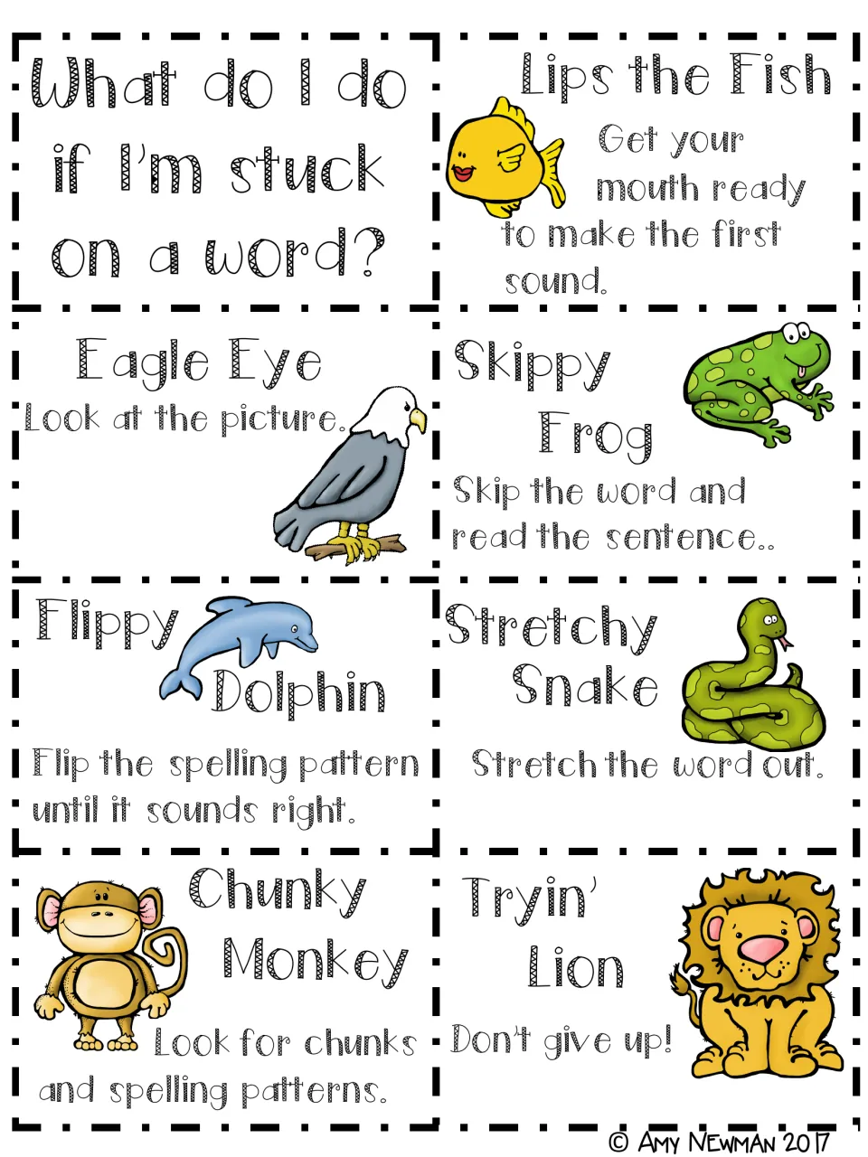 What do I do if I'm stuck on a word? One-page summary of all seven animal strategies, from Lips the Fish to Tryin' Lion