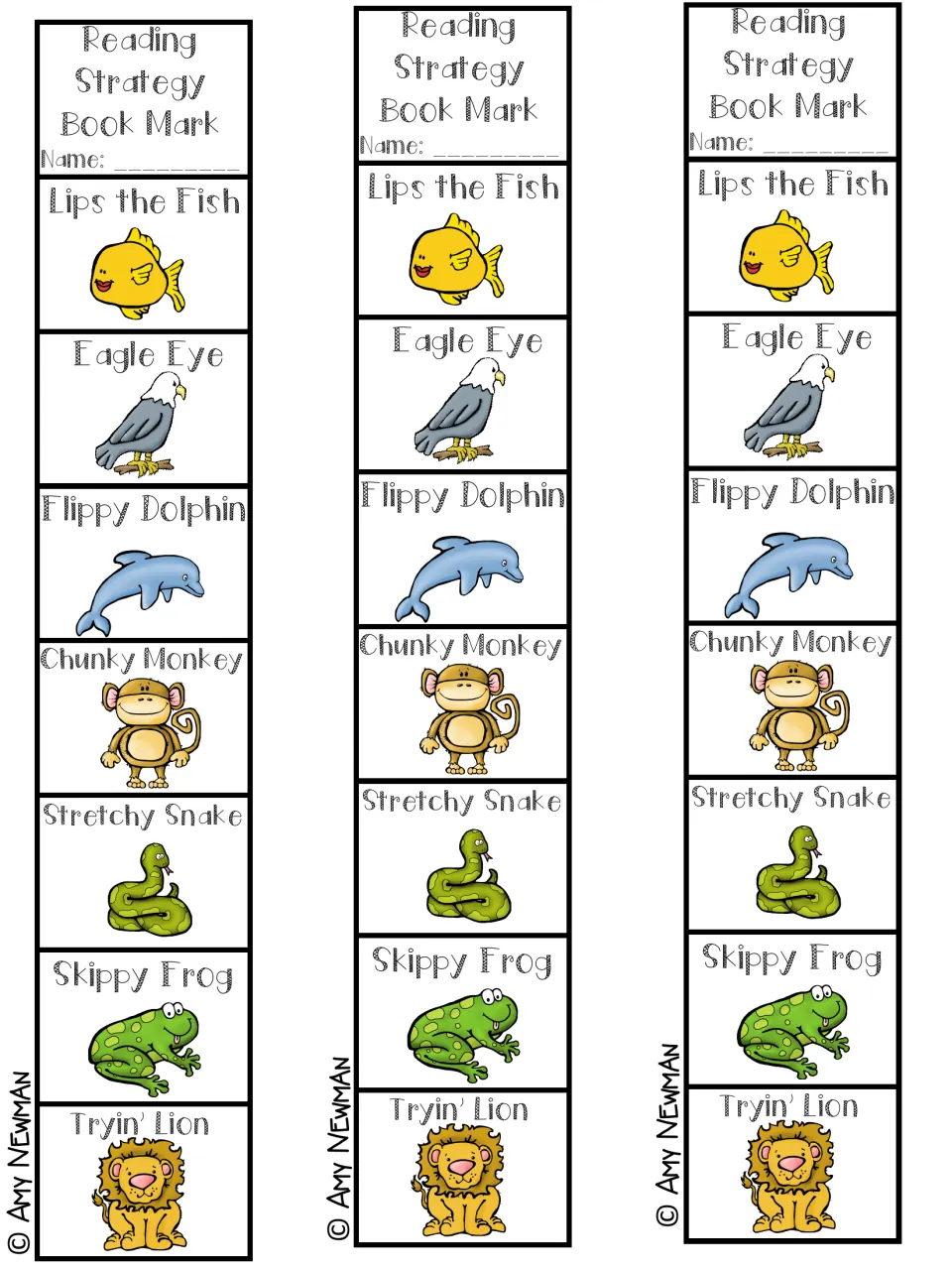 Reading Strategy Book Mark: three bookmarks with a name line, each picturing the seven strategy animals from fish to lion