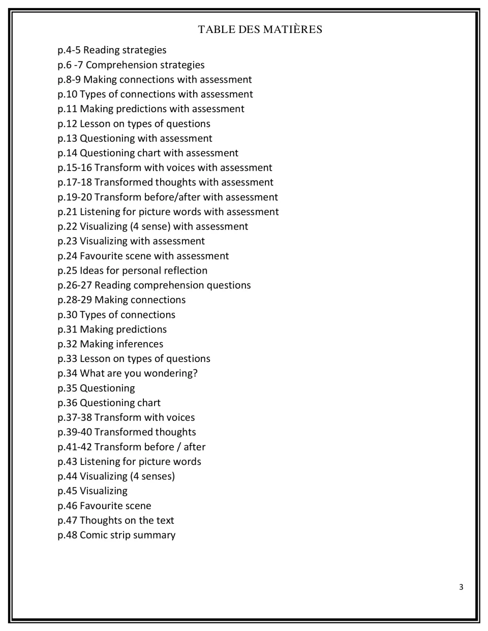 Table des matières, pages 4 to 48: connections, predictions, questioning, transform, visualizing and comic strip summary