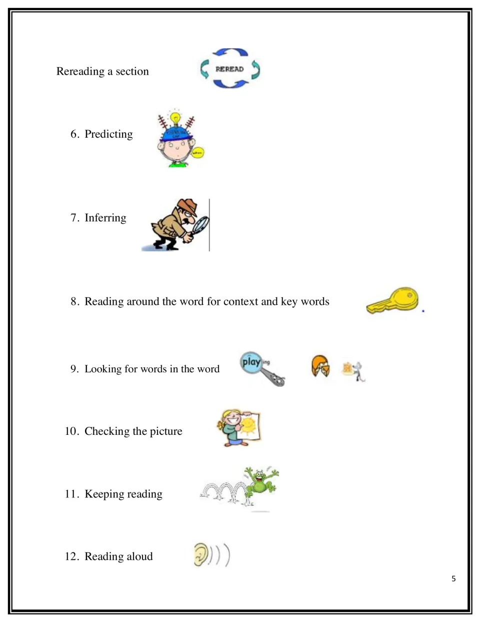 More strategies: rereading, predicting, inferring, context clues, words in the word, checking the picture, reading aloud