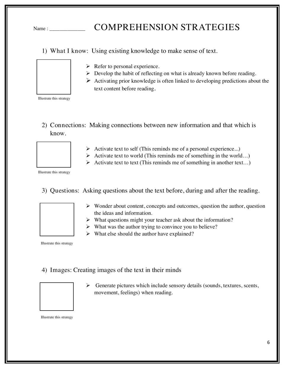 Comprehension strategies 1-4: what I know, connections, questions and images; students read tips and illustrate each