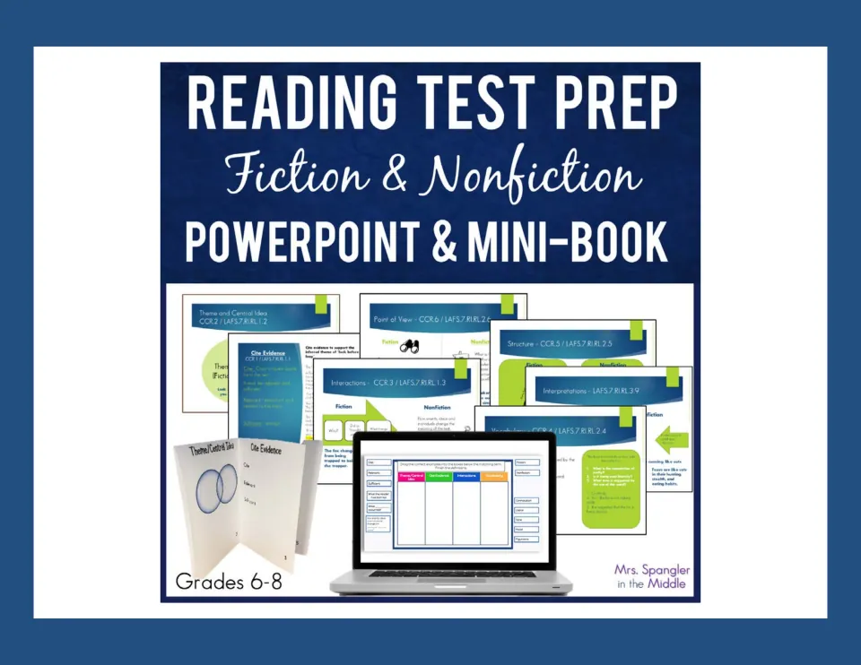 Reading Test Prep cover: fiction and nonfiction PowerPoint and mini-book, Grades 6-8, showing slides and a folded mini-book