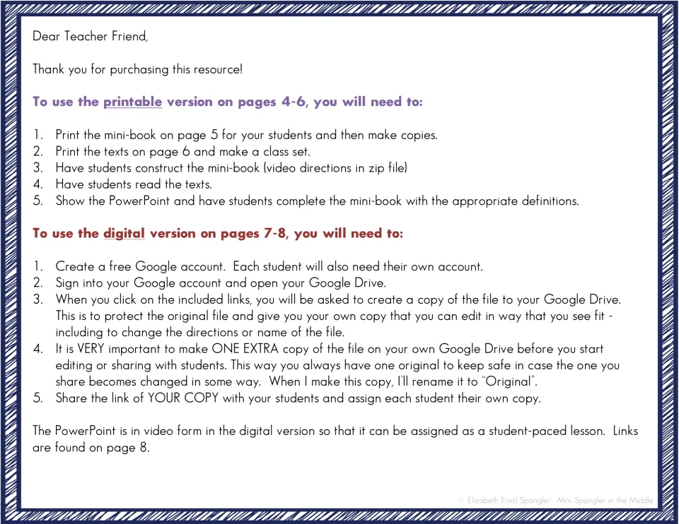 Teacher letter: steps for using the printable mini-book and texts, plus setting up the Google Slides digital version