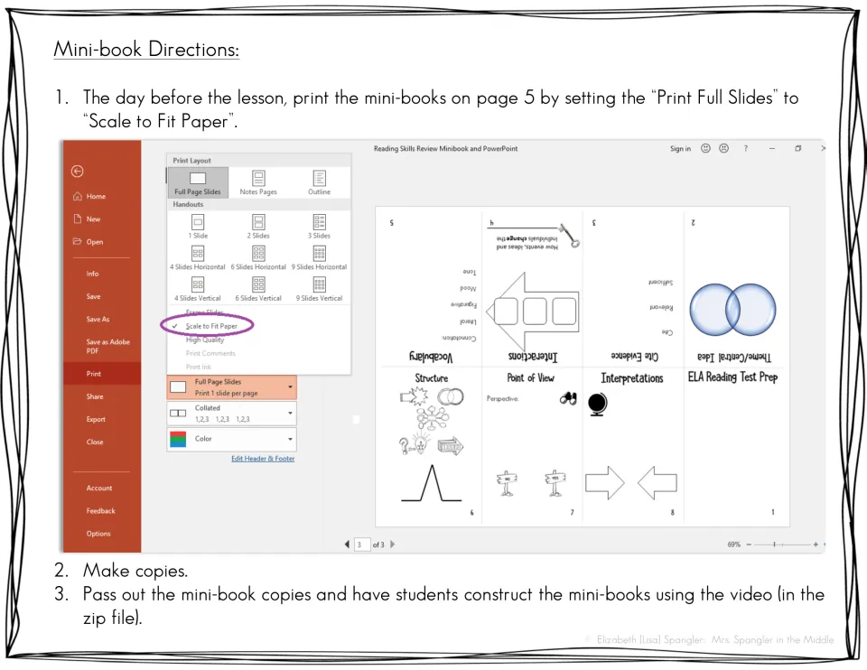 Mini-book directions: print settings using Scale to Fit Paper, then copy and have students fold the mini-books by video