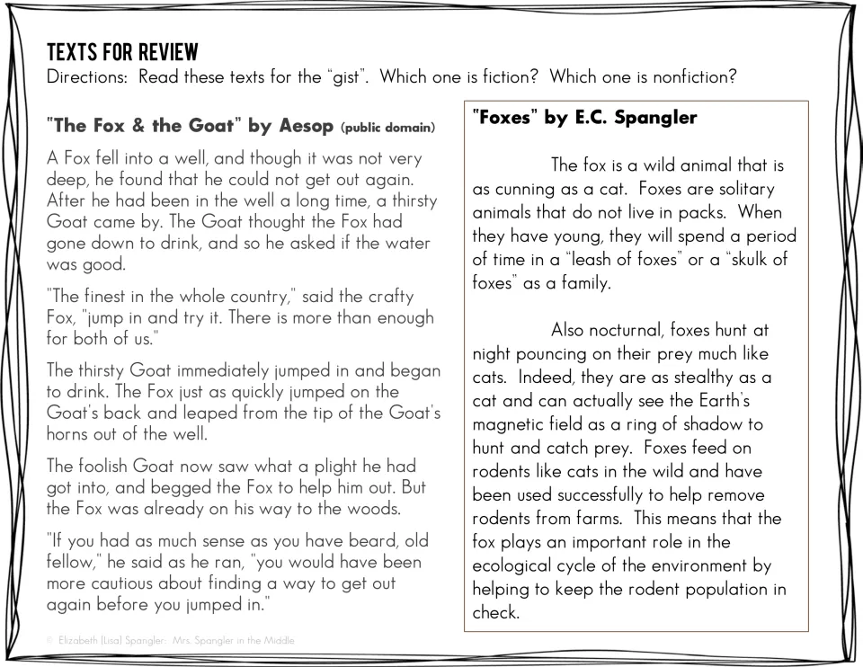 Texts for review: students read Aesop's 'The Fox & the Goat' and 'Foxes' for the gist and identify fiction vs. nonfiction