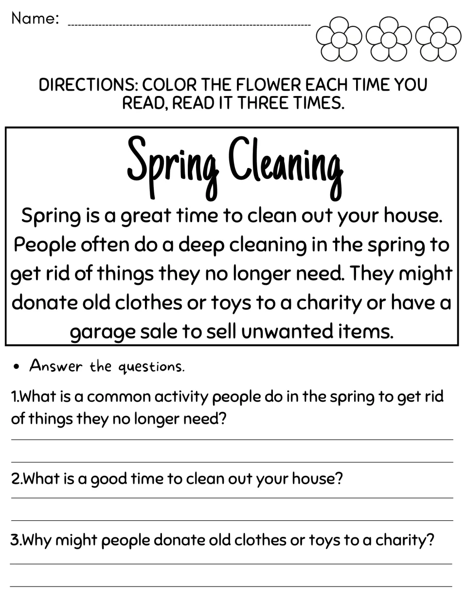 Spring Cleaning reading passage: students read about donating and garage sales 3 times, then answer 3 questions