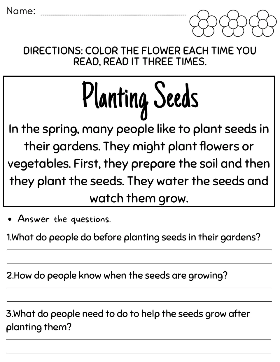 Planting Seeds passage: students reread a text on preparing soil, planting and watering, then answer 3 questions