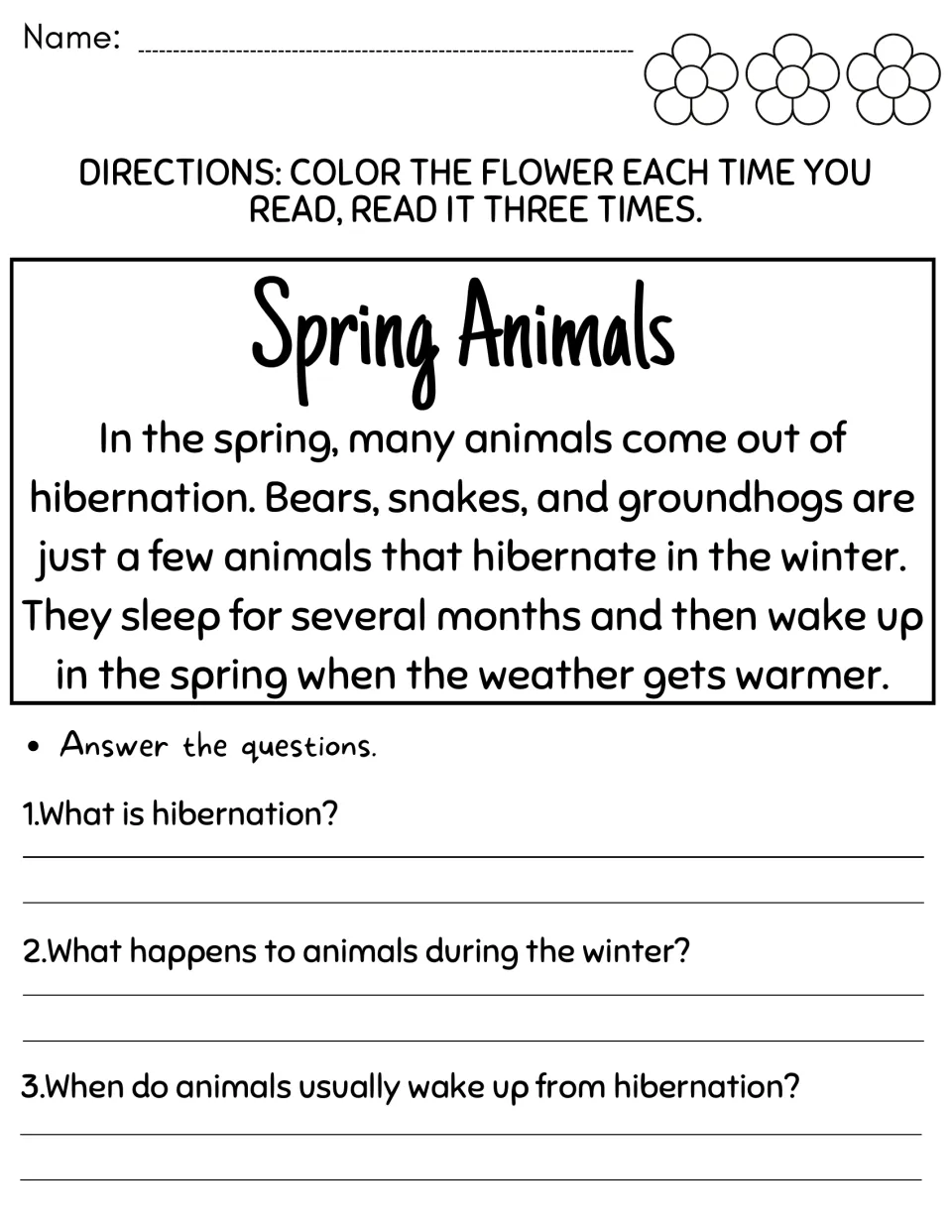 Spring Animals passage on bears, snakes and groundhogs waking from hibernation, with 3 questions to answer