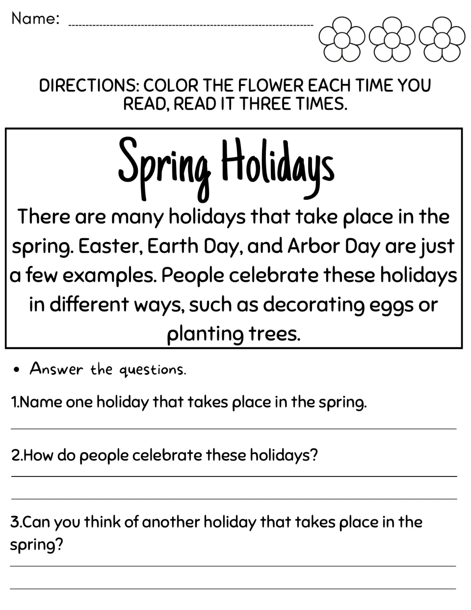 Spring Holidays passage on Easter, Earth Day and Arbor Day; students answer 3 questions on how people celebrate