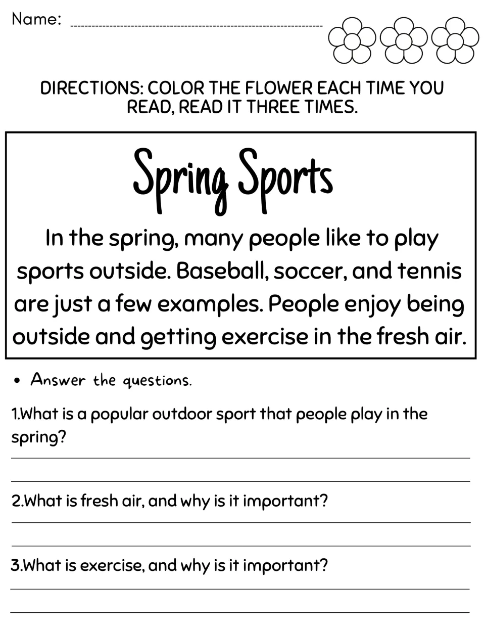 Spring Sports passage on baseball, soccer and tennis; students explain fresh air and exercise in 3 written answers