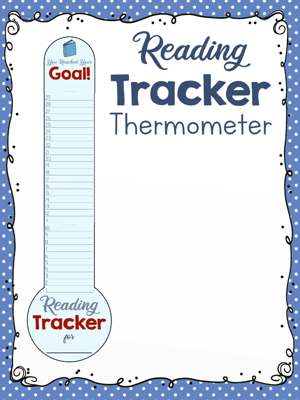 Reading Tracker Thermometer cover showing an assembled thermometer with numbered book lines from 1 up to a Goal! top