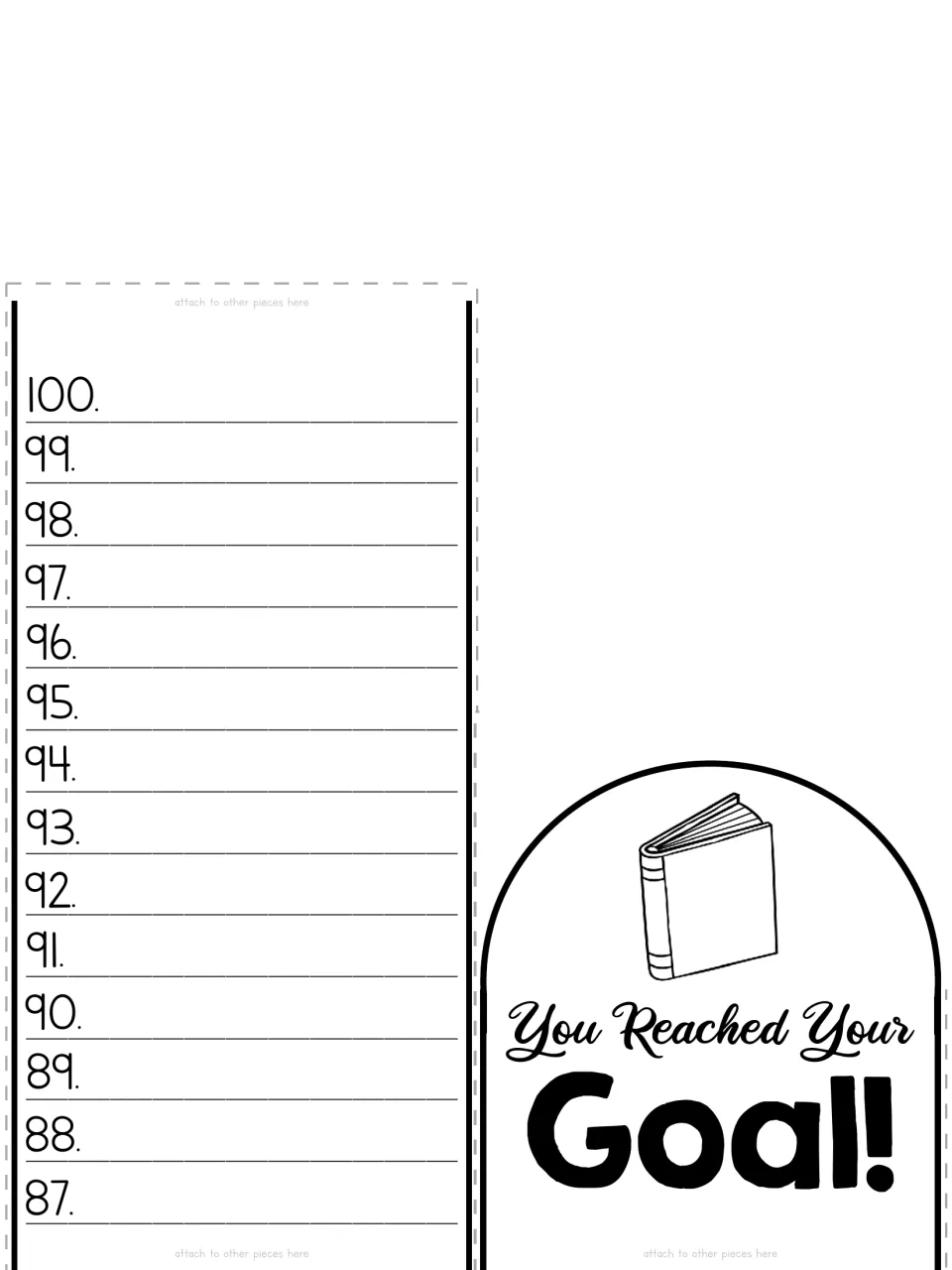 Black-and-white cut-out piece: top of the thermometer with book lines 87 to 100 and a You Reached Your Goal! book cap