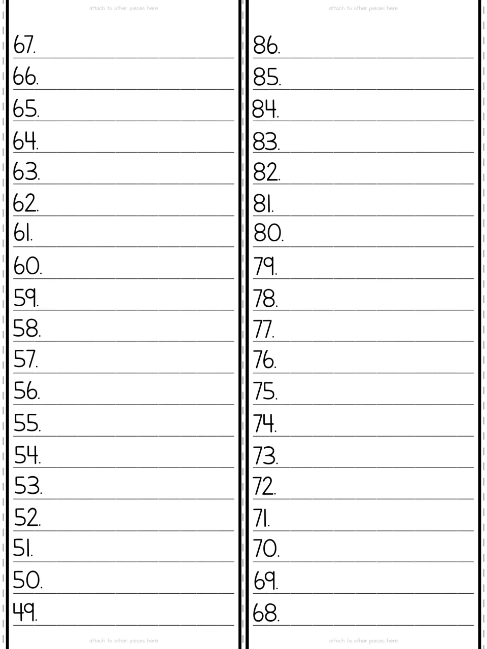 Black-and-white cut-out pieces: two numbered strips where students write book titles on lines 49 to 67 and 68 to 86