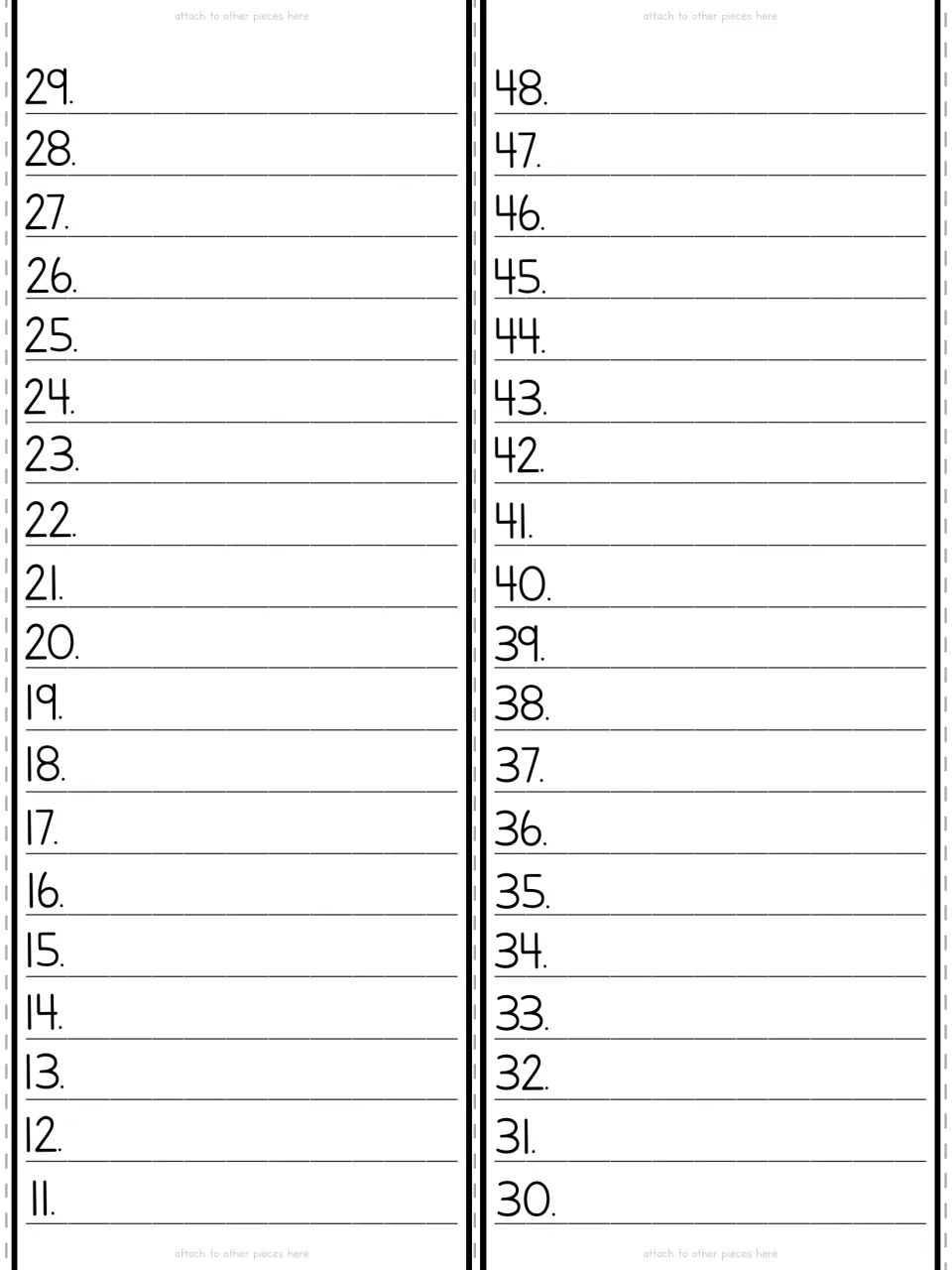 Black-and-white cut-out pieces: two strips of numbered lines 11 to 29 and 30 to 48 for students to record each book read