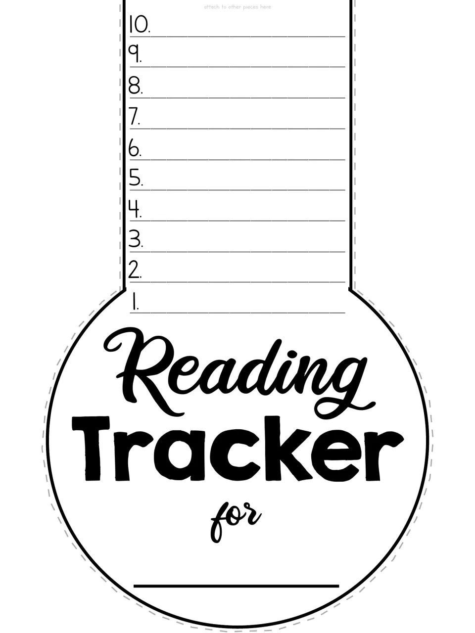 Black-and-white cut-out piece: thermometer bulb labeled Reading Tracker for, a name line, and book lines 1 to 10