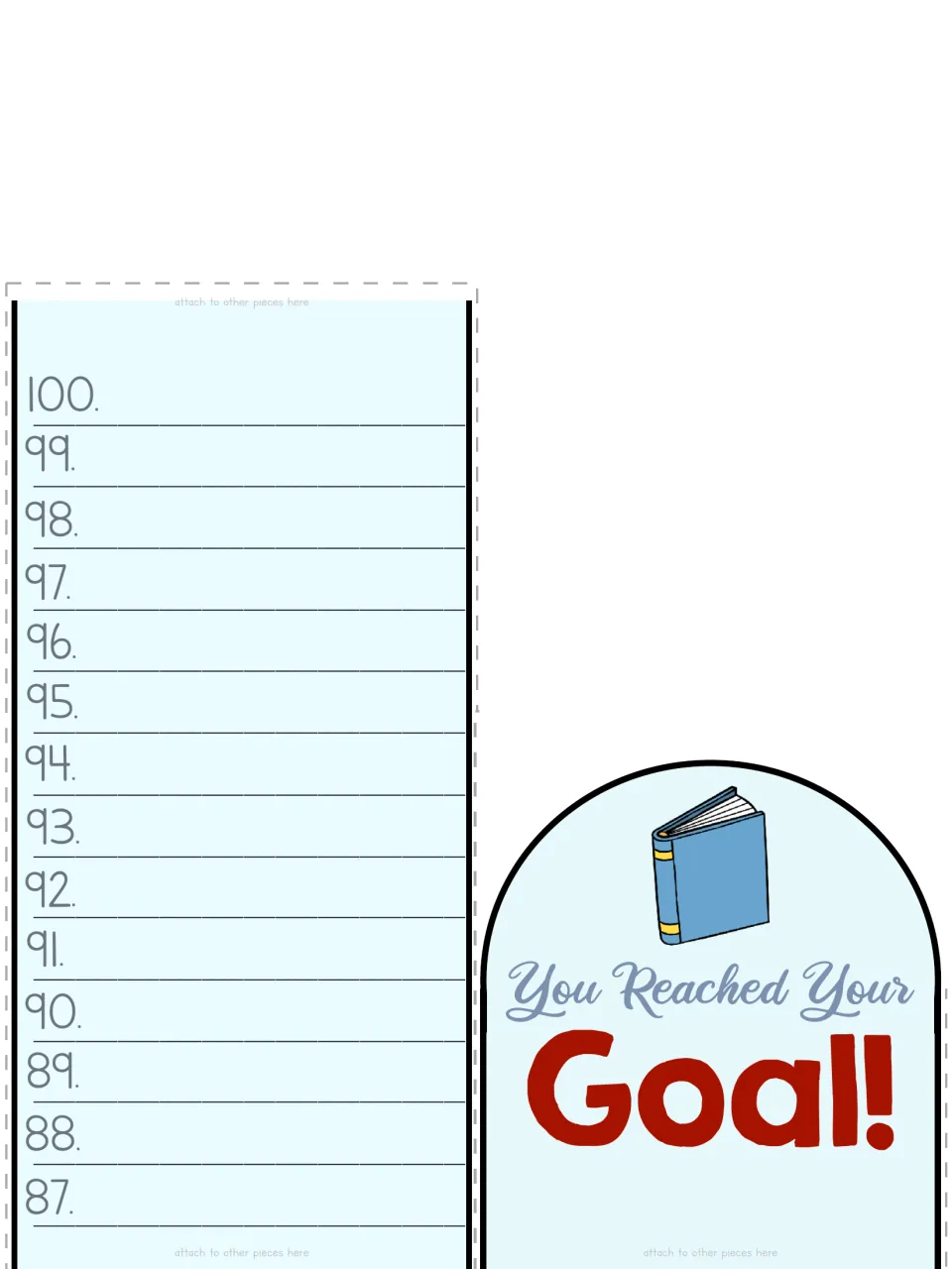 Color cut-out piece: light blue thermometer top with book lines 87 to 100 and a red Goal! cap beneath a blue book