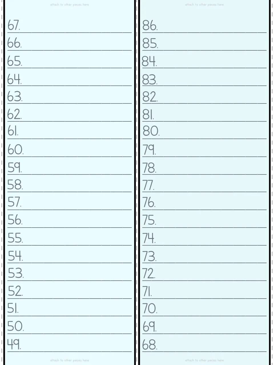 Color cut-out pieces: light blue strips with numbered lines 49 to 86 where students list the titles of books they finish