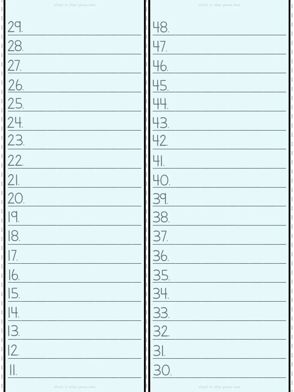 Color cut-out pieces: light blue strips with numbered lines 11 to 48 for logging book titles as reading grows