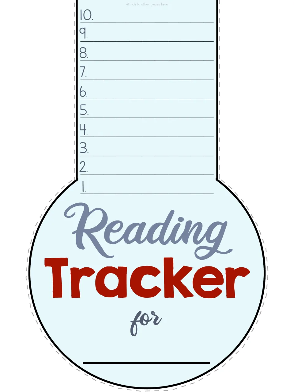 Color cut-out piece: light blue bulb with red Tracker heading, a student name line and the first 10 book-title lines