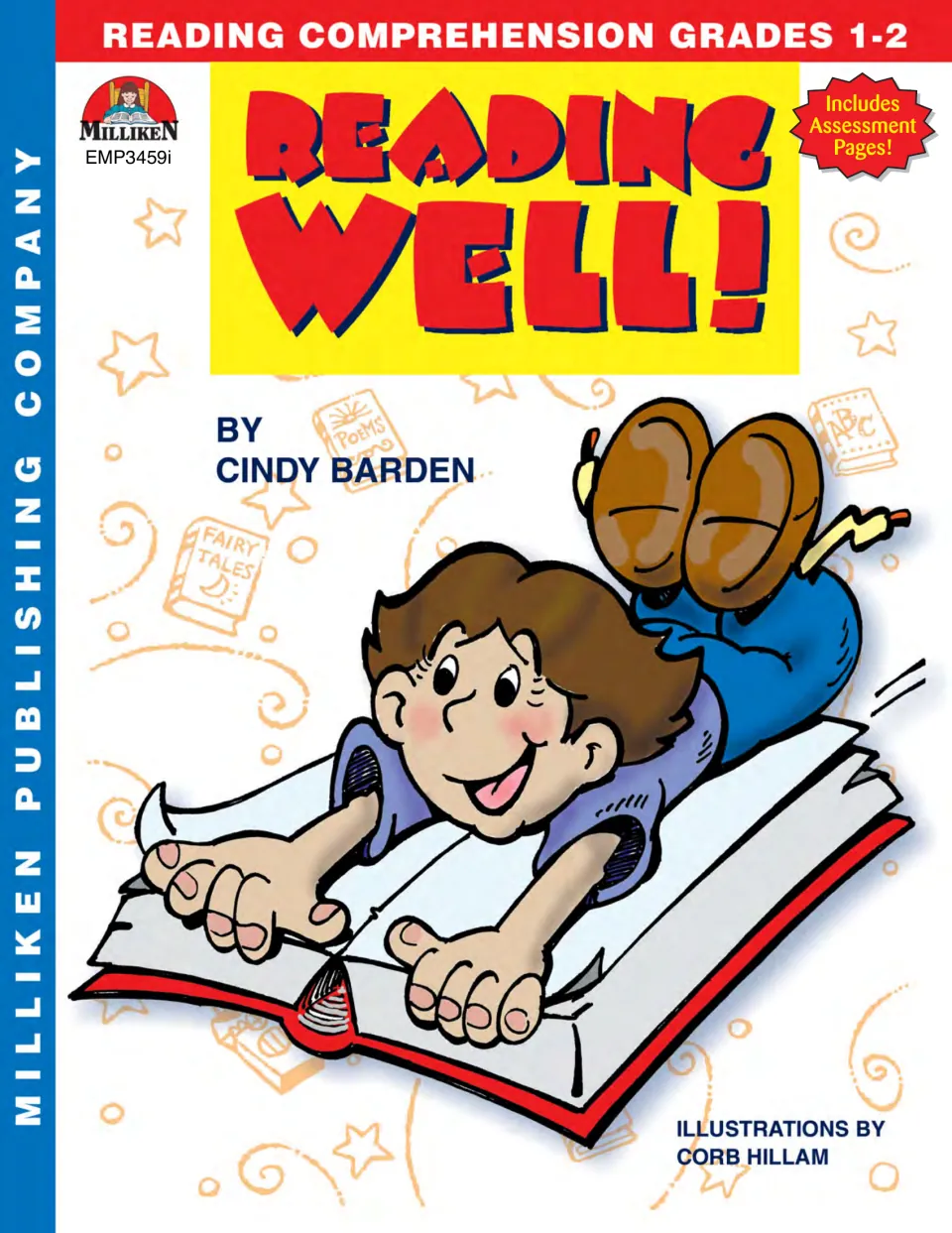 Reading Well! cover: reading comprehension for grades 1-2 by Cindy Barden, a boy on an open book, includes assessment pages