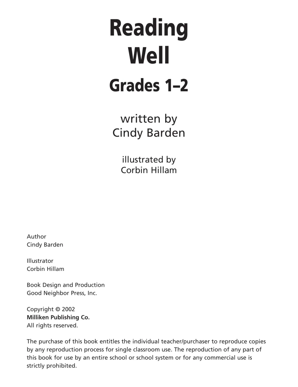 Title page naming author Cindy Barden and illustrator Corbin Hillam, with 2002 Milliken copyright and classroom copy terms