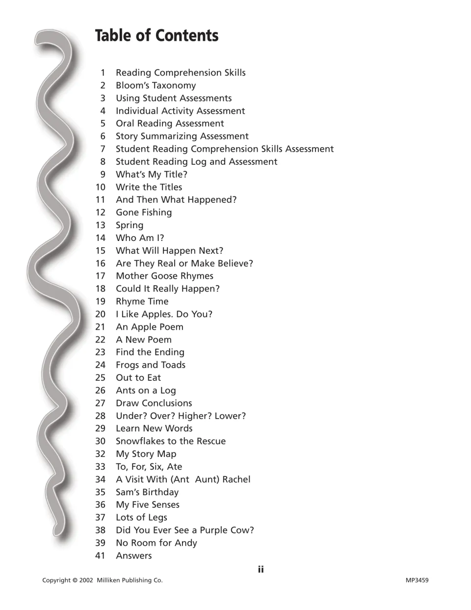 Table of contents listing assessment forms and activities such as Gone Fishing, Rhyme Time, Frogs and Toads and My Story Map